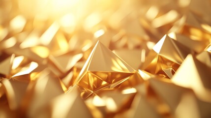 Gold pyramids cascading through space, psychedelic, vibrant metallic hues, dynamic light effects, warping patterns with intricate reflections