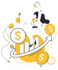 Savings account. Woman reaching for dollar sign among bar charts and coins. Ideal for financial growth, investment, budgeting, saving, and personal finance education. Clean, modern, minimalistic