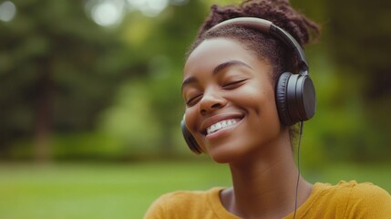 A happy woman with headphones on smiling while listening to music