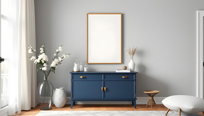 Stylish scandinavian living room with mock up poster frame, navy blue commode, glassy vase with flowers and elegant accessories. Modern home decor. Interior design. Template Ready to use isolated wi