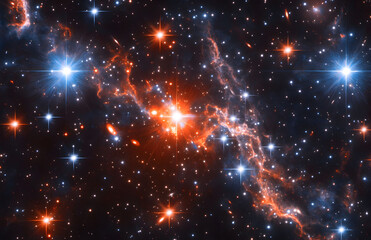 Fototapeta premium A breathtaking nebula with swirls of red and orange gas and dust clouds, illuminated by countless stars, creating cosmic beauty. Bright blue stars stand out against the dark background.
