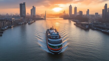 Naklejka premium Ferry Navigating River at Sunrise with City Skyline