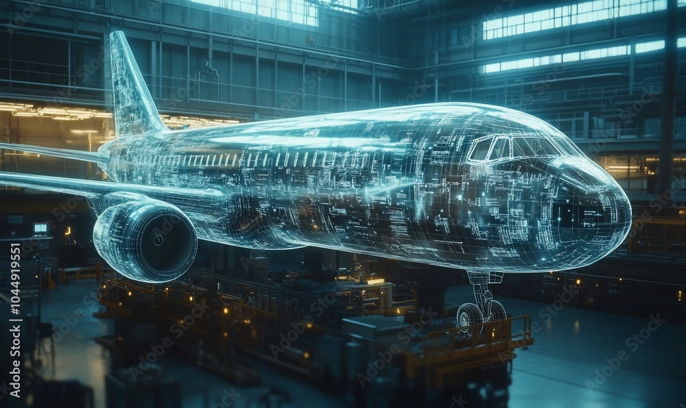 Aufkleber a transparent, digital rendering of an airplane in a hangar.