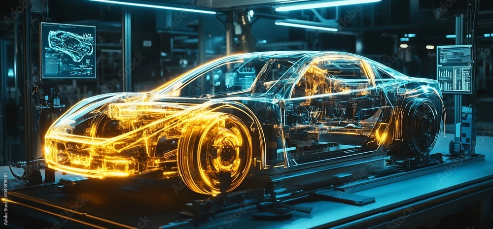 Poster a transparent sports car with a glowing orange internal structure is on a factory assembly line.