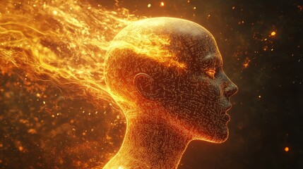 Obraz premium Human head in agony, digital codes swirling, merging with golden light beams, cyberpunk style, glowing neon accents, surreal, dramatic shadows, high-detail 3D render