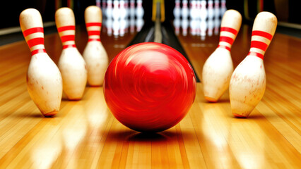 Bowling ball on lane facing white pins under bright lights. Depth of field photography with dynamic motion. Bowling game and competition concept.