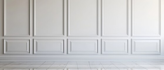 Elegant gray interior design featuring intricate moldings, a minimalist blank wall, and a sophisticated 3D render, perfect for showcasing artistic concepts or decor ideas.