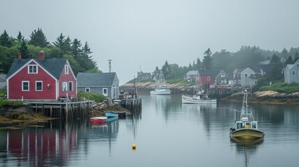 Obraz premium Misty Harbor Scene with Colorful Fishing Cottages