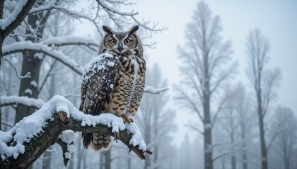 Watchful Great Horned Owl Perched on Snow-Covered Branch in Misty Winter Forest