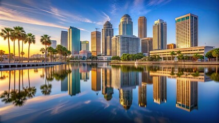 Obraz premium Skyline reflection on water with palm trees