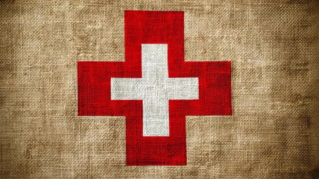The Swiss flag is displayed on burlap fabric