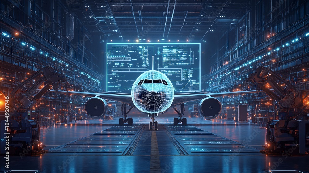 Leinwandbilder a white airplane parked in a hangar with a large screen displaying technical data in the background.