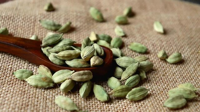 Cardamon or Cardamom Pods Falling on a Wooden Spoon with Selective Focus
