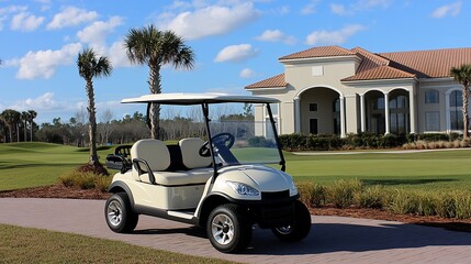 A white golf cart parked on a paved path in front of a large house with palm trees in the background.