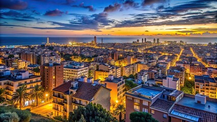 Naklejka premium Skyline timelapse of Barcelona and Badalona with sea at night