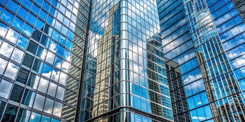 Skyscraper reflection on glass of another building in long shot