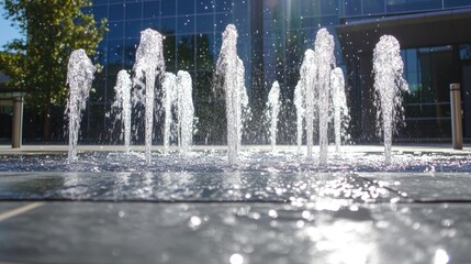 Sparkling Water Jets in Urban Fountain Scene