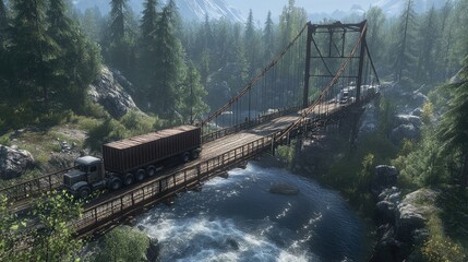 Truck Crossing Rustic Bridge in Scenic Nature