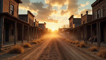 Deserted Wild West Town at Sunset