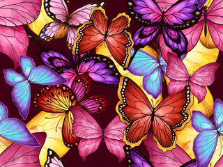 Seamless Pattern Butterflies. Decoration for Wrapping Paper or Wallpaper. Design with Flying Moths. Endless Colorful Digital illustration