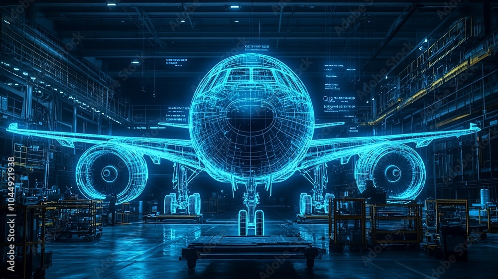 Aufkleber A wireframe model of an airplane is illuminated in a factory setting, depicting the use of technology in aerospace engineering.