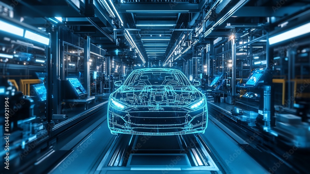 Poster a wireframe car model on a production line in a factory.