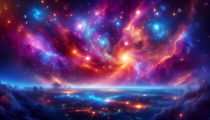 Fototapeta premium Stunning cosmic nebula bursting with vibrant colors, blending purples, reds, and blues. A swirling galactic landscape filled with stars, celestial bodies, and glowing clouds of gas, creating a dreamli