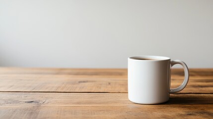 Fototapeta premium Minimalist white coffee cup on a wooden table, with soft natural lighting.