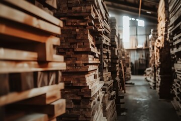 Obraz premium Warehouse of Stacked Wooden Planks in a Lumber Mill for Industrial and Construction Use