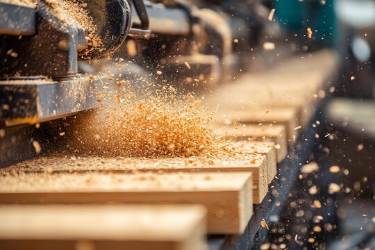 Wood Planing Machine in Action with Sawdust Flying in a Woodworking Workshop for Carpentry