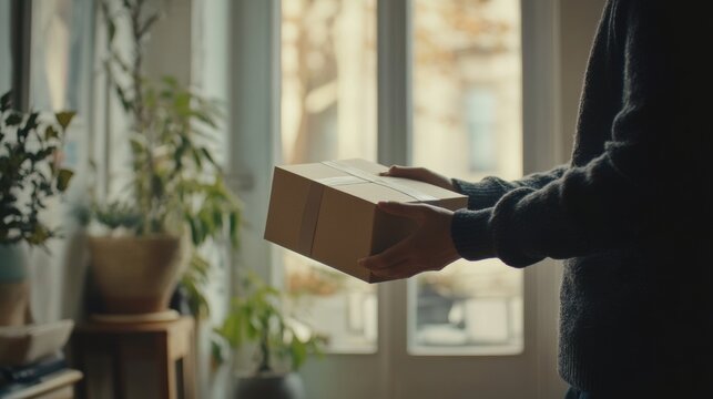 Close-up of a courier handing a package to a client at home, representing logistics and receiving an order. Minimal background, focusing on the delivery interaction.
