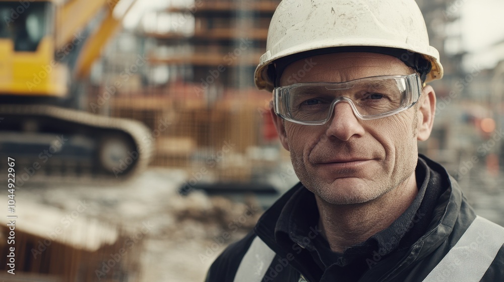 Wall mural a portrait of a middle-aged male construction worker wearing a hard hat and safety goggles. he is co