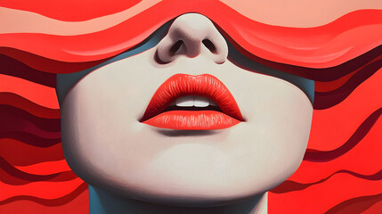 Stylized painting of a woman's face with eyes covered by a wave of red, vibrant red lips, creating a striking and sensual effect, evoking mystery and allure. © Dodoodle