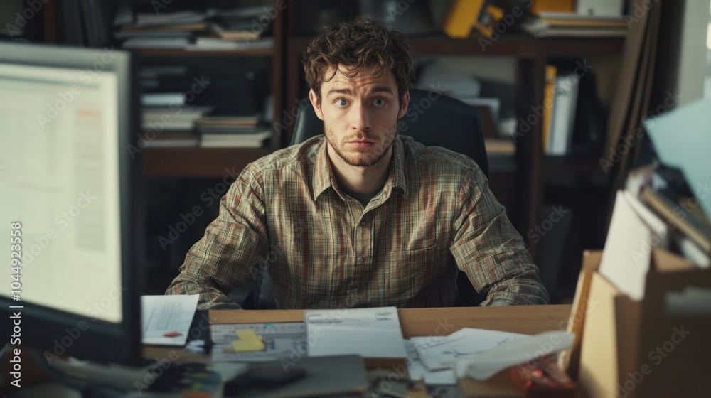Poster a man is sitting at a desk with a computer monitor in front of him