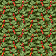 Obraz premium Seamless pattern of coffee branch on green background. Botanical illustration with watercolor and markers. International Coffee Day. Hand drawn. Suitable for textiles, packaging of specialty coffee