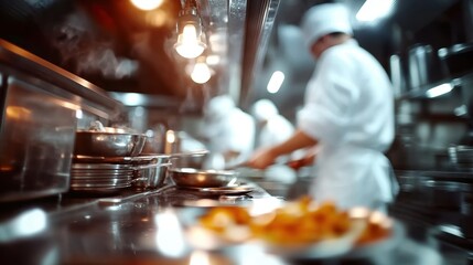 Naklejka premium A blurred background with cookers preparing dish in a professional kitchen on it, out of focus