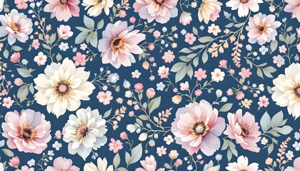 Watercolor and pastel spring flower pattern on a white background, seamless wallpaper design with pastel color suitable for various applications