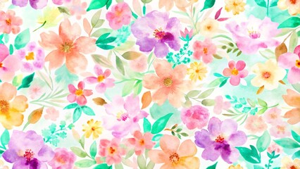 Obraz premium A delicate watercolor floral pattern featuring soft pastel hues of purple and peach. Seamless floral pattern with vintage rose and leaf for wallpaper, textile design