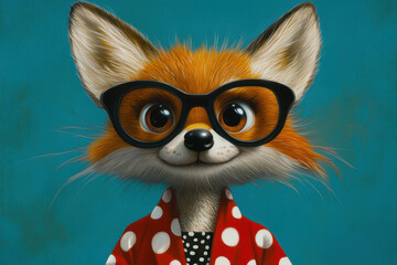 Hipster fox with glasses on blue background