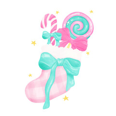 Preppy Coquette Christmas stocking with candy cane Pastel pink and mint green watercolor hand painting
