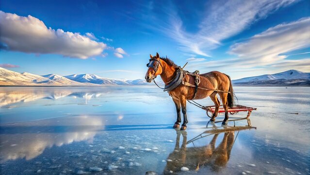 Sled horse in frozen lake Cildir with snow