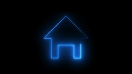 Glowing neon home, house, hut icon animation. Neon home panoramic. 