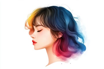 A stylish woman with vibrant, colorful hair, depicted in a modern illustration, showcasing beauty and artistic expression.