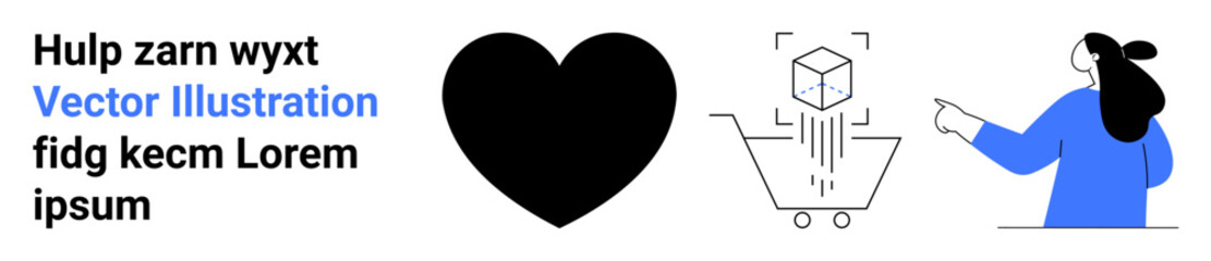 Text, heart shape, shopping cart, cube, and person pointing. Ideal for online shopping, customer engagement, digital marketing, e-commerce, and creative advertisement visuals. Banner for landing page