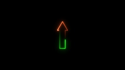 Abstract glowing neon up arrow illustration on black background. Neon up arrow icon. 4K