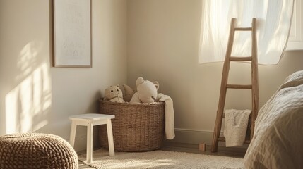 Obraz premium A cozy kids' room with a wicker basket, soft toys, a poster, wooden blocks, a ladder, a white stool, and beige walls. The room has a homey feel with personal touches.