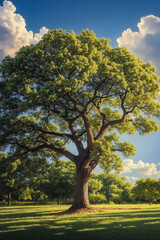 Fototapeta premium A large tree in the middle of a grassy field under a cloudy sky
