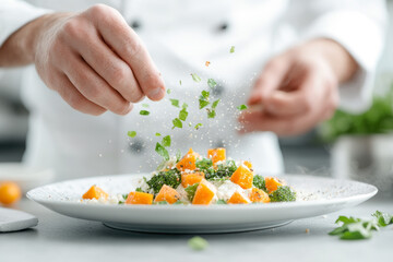 A chef sprinkling salt on a plate of food