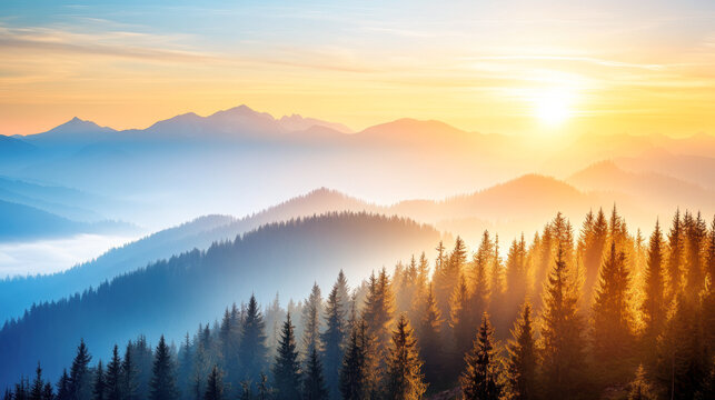 The sun is setting over a mountain range, casting a warm glow on the trees