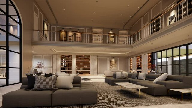 3d rendering. Interior house modern open living space with kitchen.Duplex residence.Home decoration interior design.drawing line sketch to realistic.